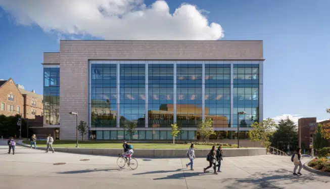 The glazed south elevation of the University of Washington molecular engineering building.