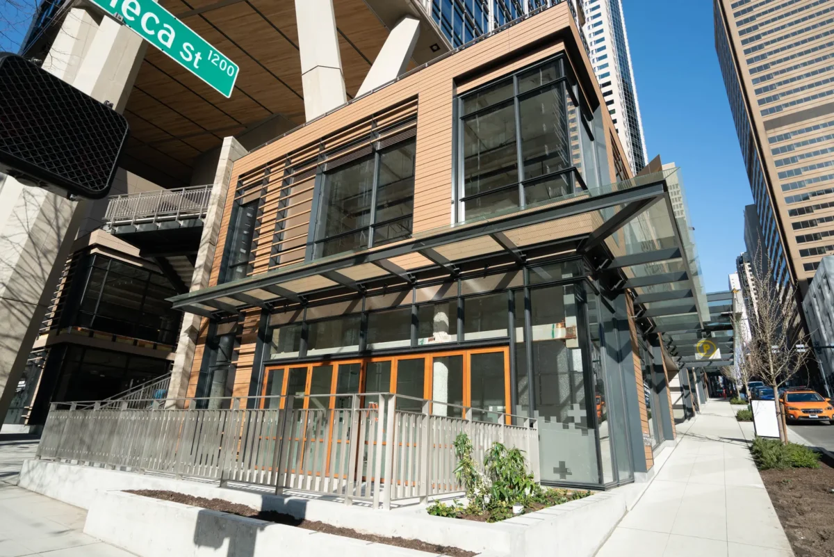 Storefront and curtain wall glazing at 2+U in downtown Seattle.