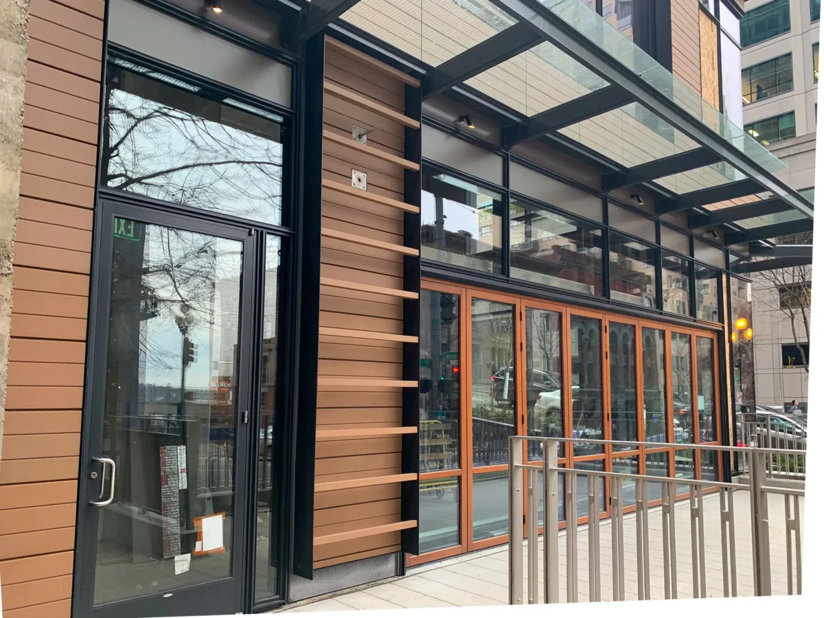 Storefront and curtain wall glazing at 2+U in downtown Seattle.