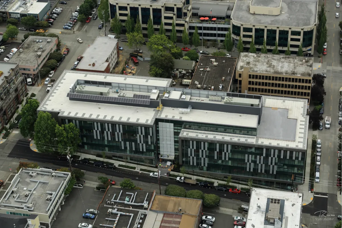 The glazed elevations of the building at 3rd and Harrison.