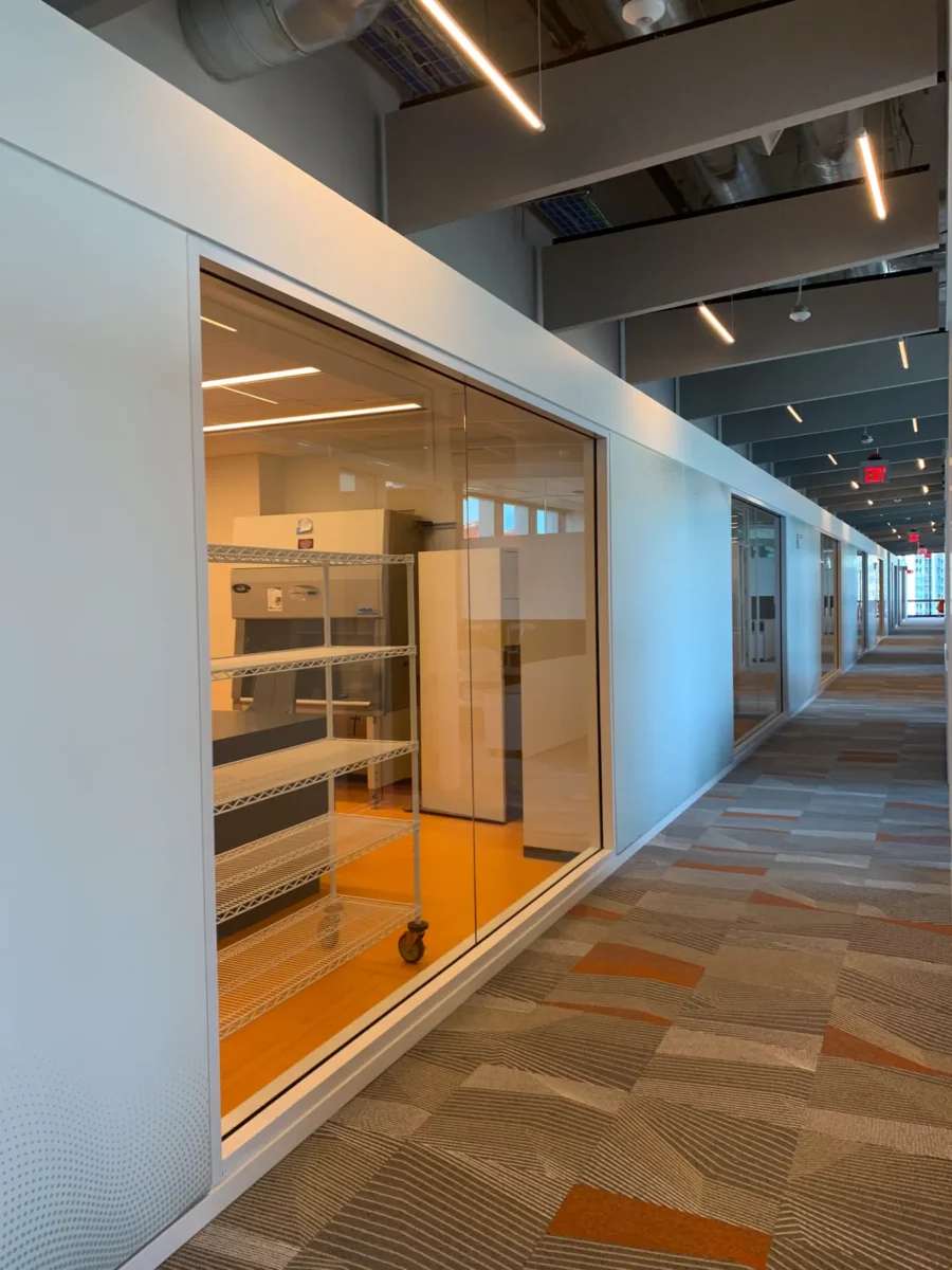 Glazing at Building Cure: curtain wall, glass doors and interior glass.