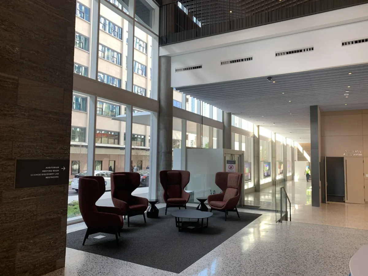 Glazing at Building Cure: curtain wall, glass doors and interior glass.