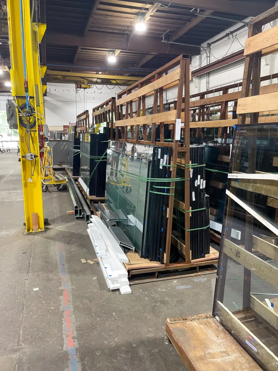 Glazing at Founders Hall: storefront, glass doors and interior glass in a mass timber building.