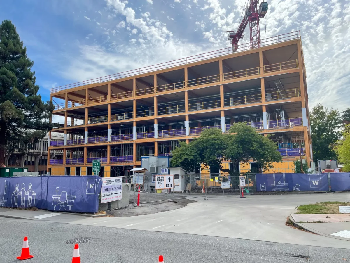 Glazing at Founders Hall: storefront, glass doors and interior glass in a mass timber building.
