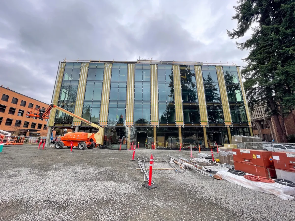 Glazing at Founders Hall: storefront, glass doors and interior glass in a mass timber building.