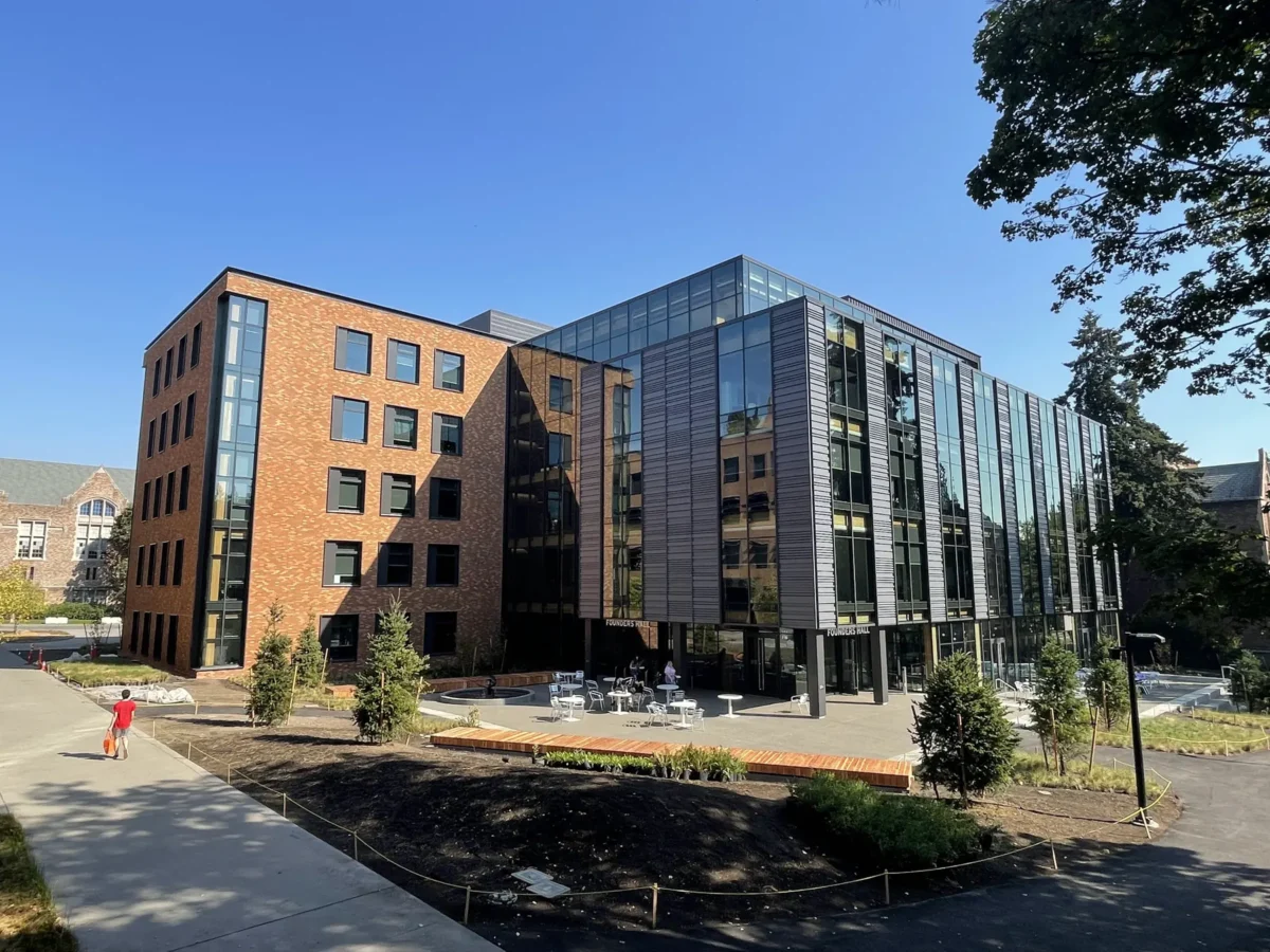 Glazing at Founders Hall: storefront, glass doors and interior glass in a mass timber building.