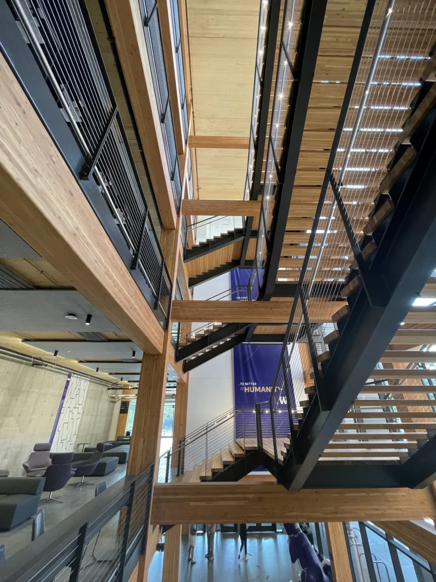 Glazing at Founders Hall: storefront, glass doors and interior glass in a mass timber building.