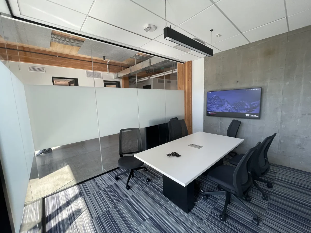 Glazing at Founders Hall: storefront, glass doors and interior glass in a mass timber building.
