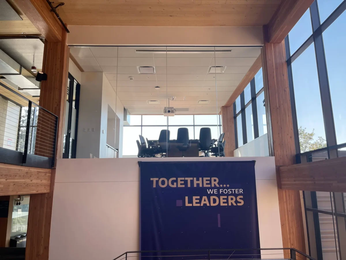 Glazing at Founders Hall: storefront, glass doors and interior glass in a mass timber building.