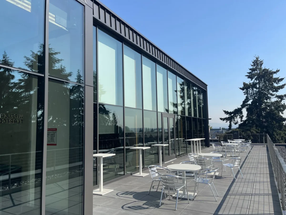 Glazing at Founders Hall: storefront, glass doors and interior glass in a mass timber building.