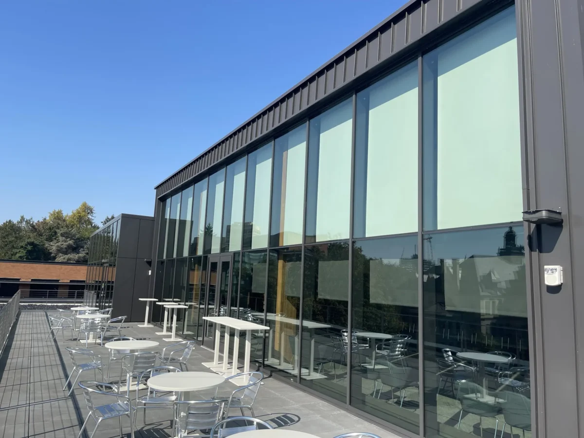 Glazing at Founders Hall: storefront, glass doors and interior glass in a mass timber building.