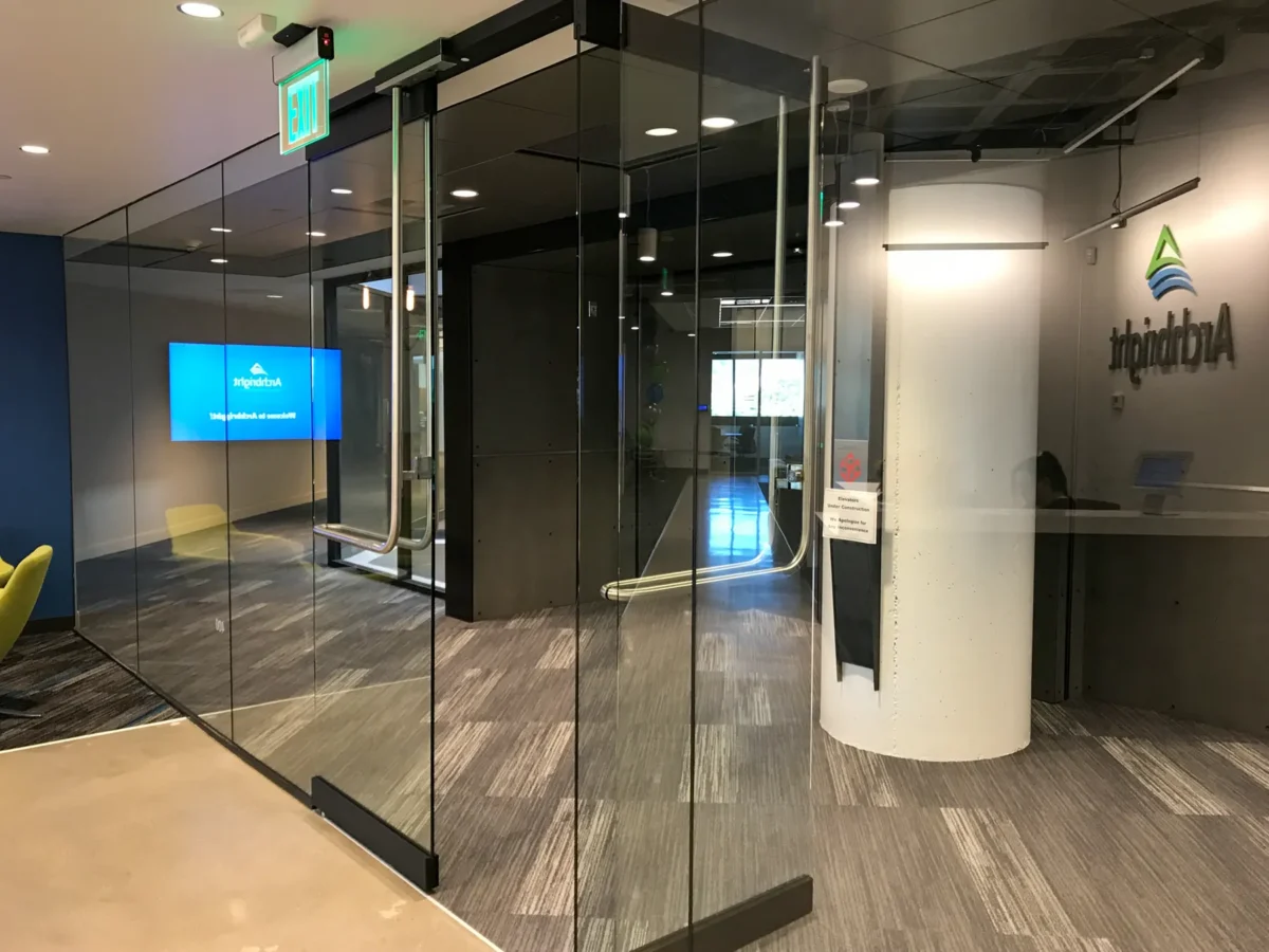 Interior glass partitions and glass doors at Georgetown Squared.