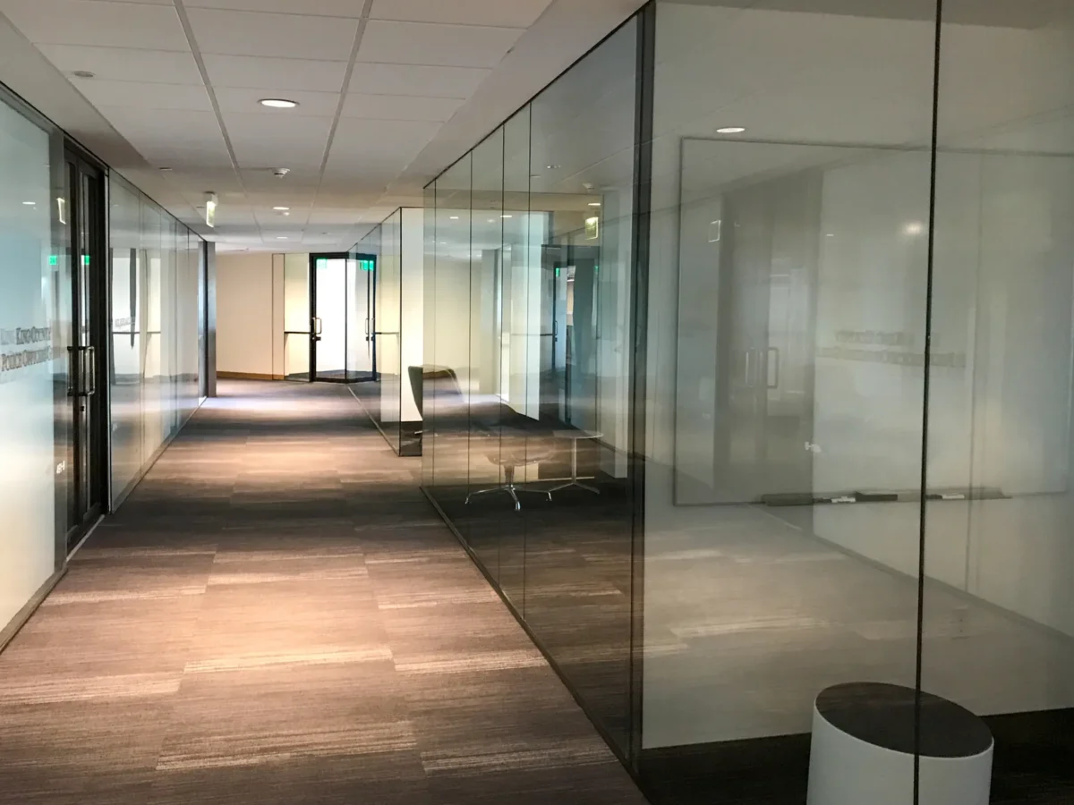 Interior glass partitions and glass doors at Georgetown Squared.