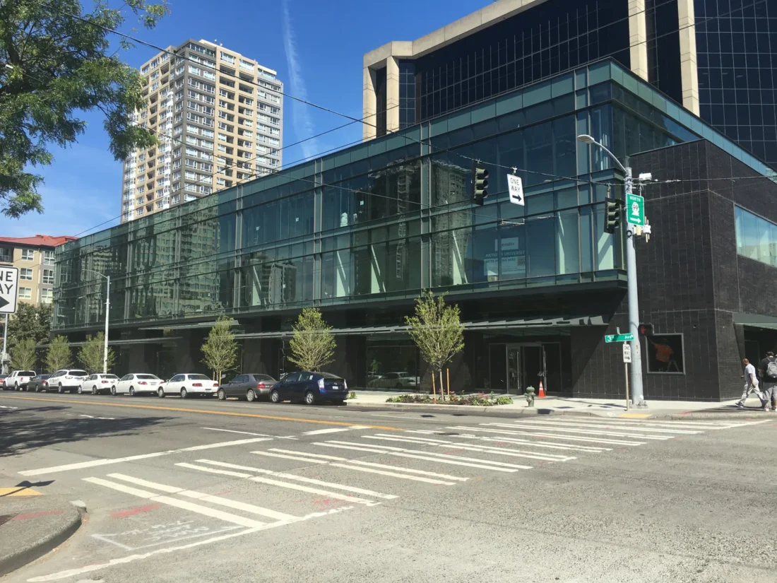 Street-level glass curtain wall at Antioch University Seattle