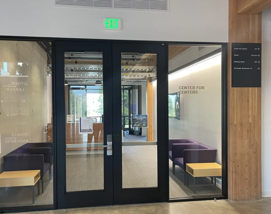 Glass double doors and sidelites at Founders Hall