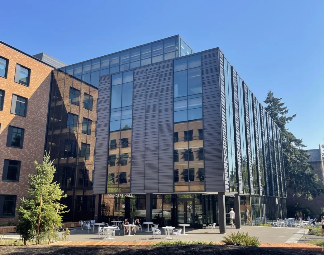 Curtain wall and brick facade at Founders Hall