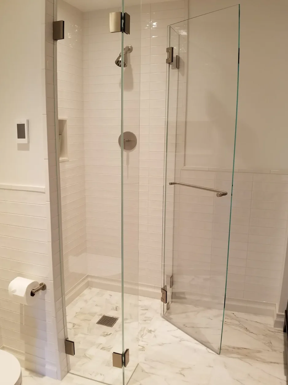 Frameless glass shower enclosure with a hinged door