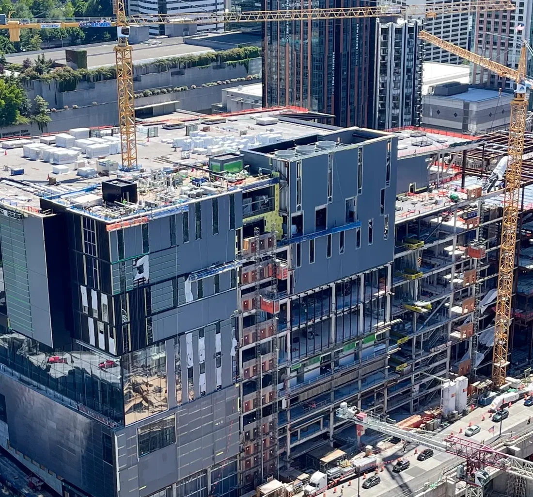 Aerial view of the Seattle Convention Center Summit building during construction
