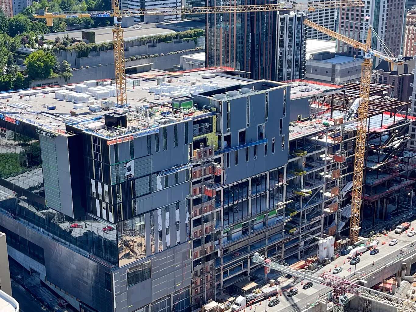 Aerial view of the Seattle Convention Center Summit building during construction