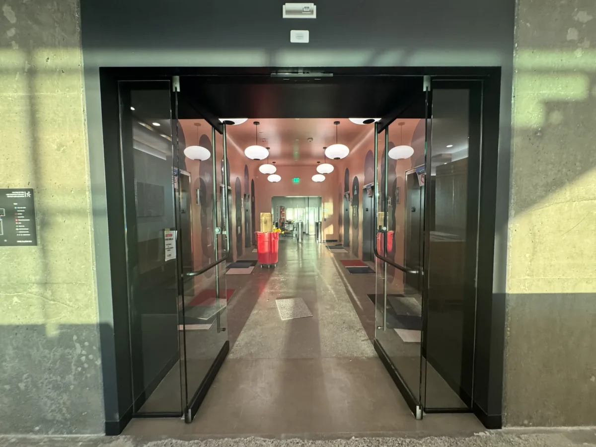 Interior glass partitions and glass stair rails at the Lincoln Square tenant improvement in Bellevue.