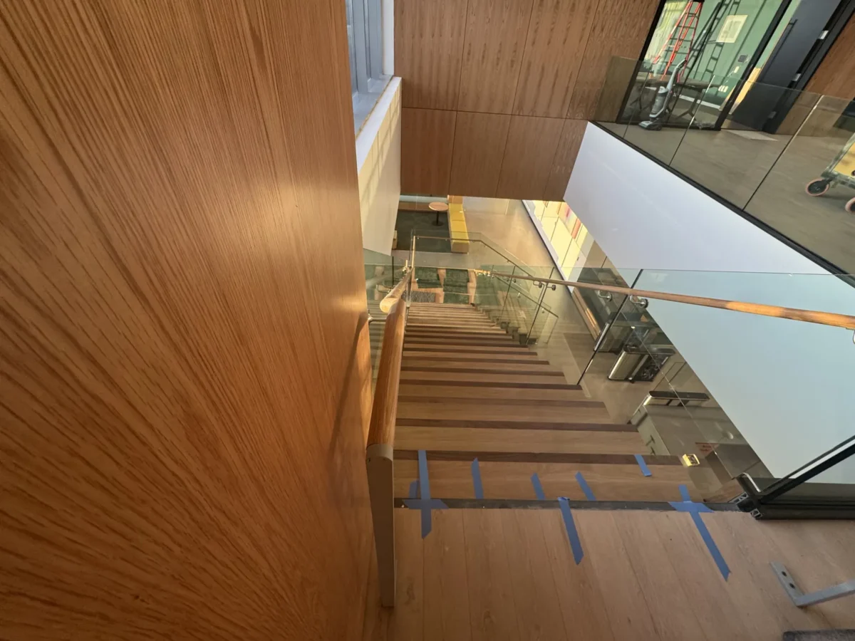 Interior glass partitions and glass stair rails at the Lincoln Square tenant improvement in Bellevue.
