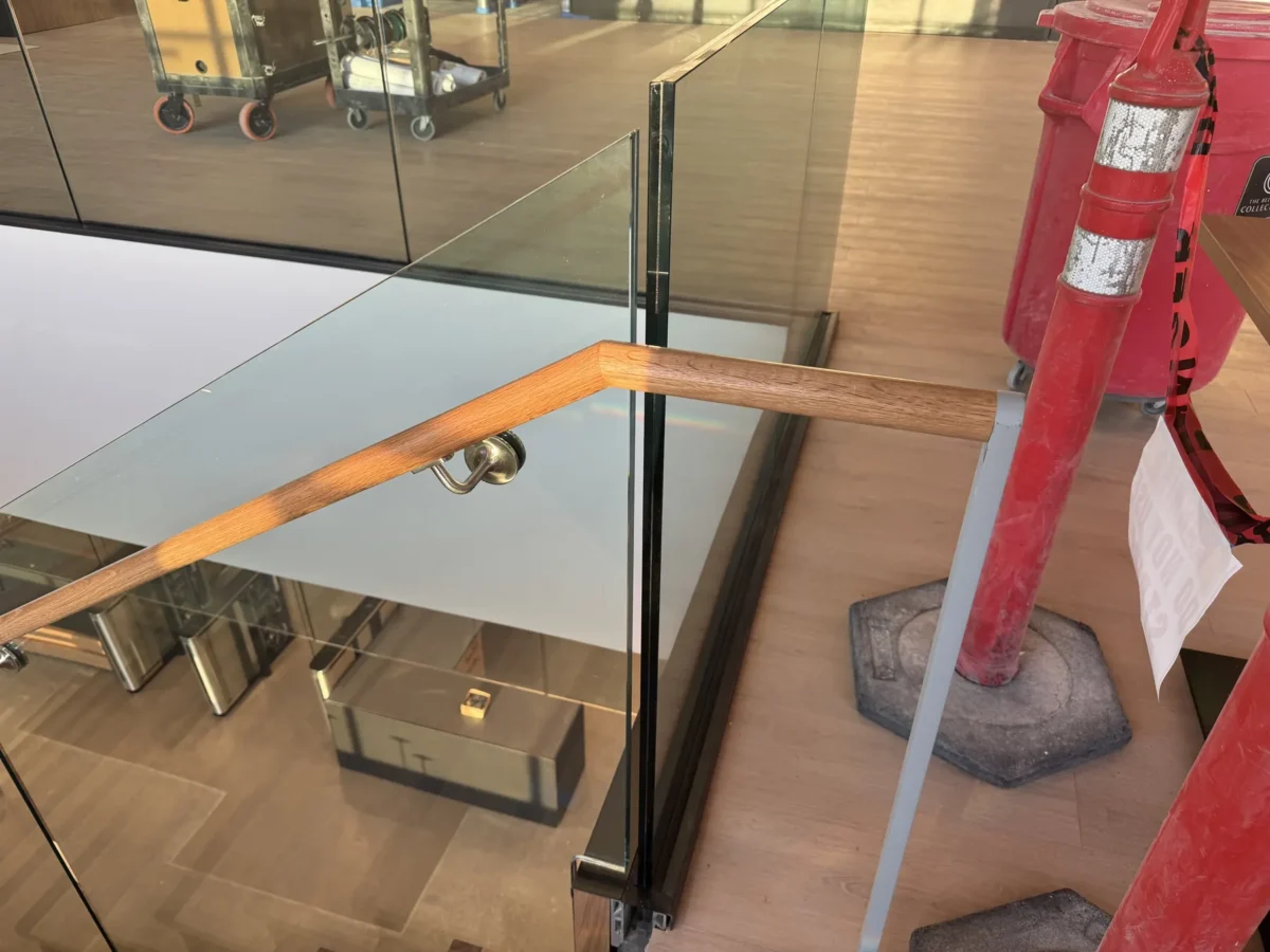 Interior glass partitions and glass stair rails at the Lincoln Square tenant improvement in Bellevue.