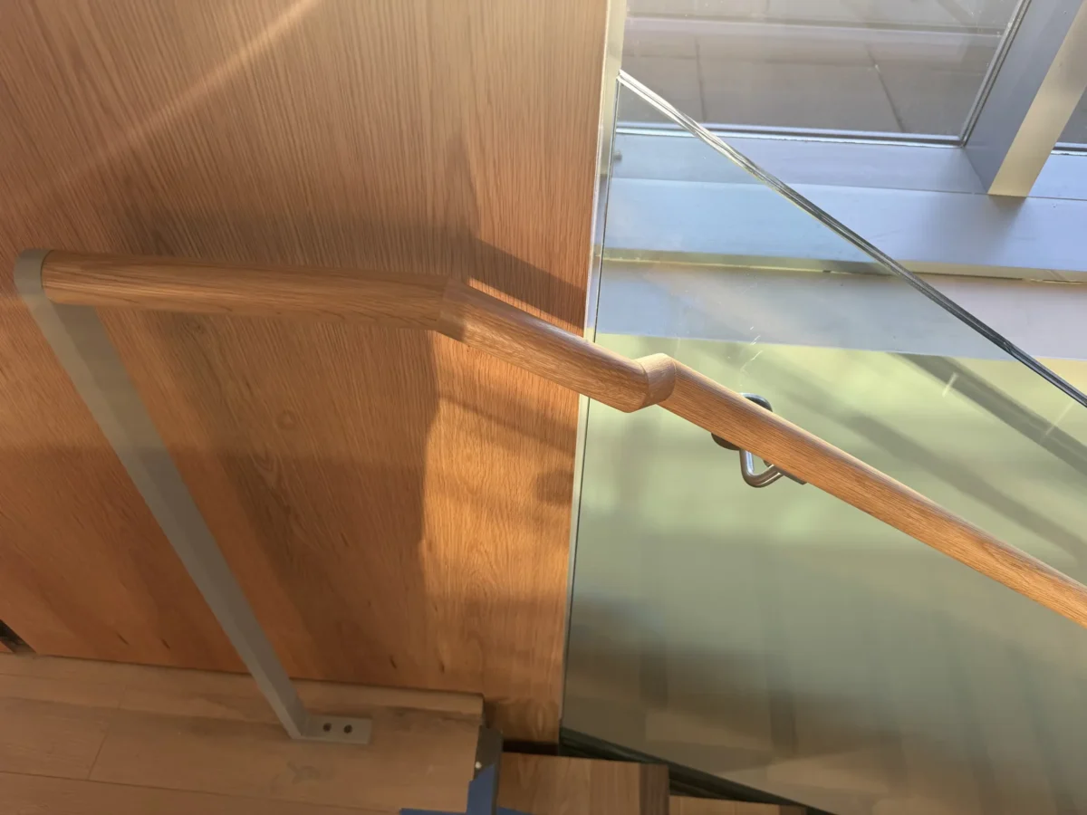 Interior glass partitions and glass stair rails at the Lincoln Square tenant improvement in Bellevue.