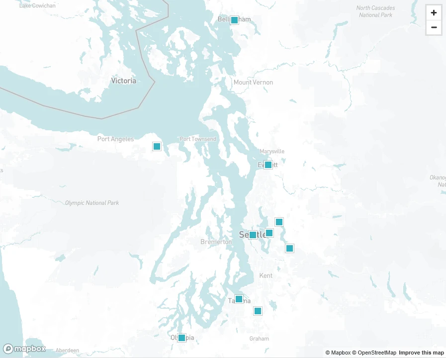 Map of the Puget Sound region with the cities Herzog Glass serves marked.