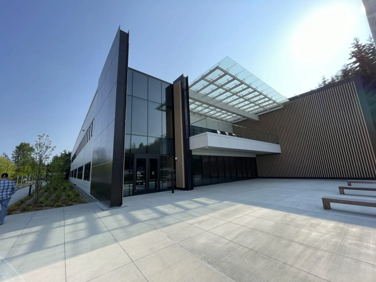 Curtain wall, glass guardrails and storefront at the Premera building.
