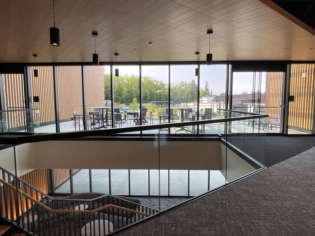 Curtain wall, glass guardrails and storefront at the Premera building.