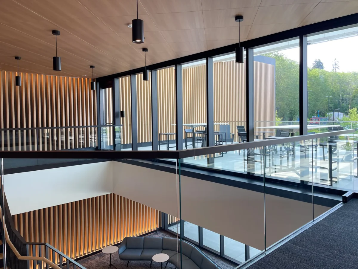 Curtain wall, glass guardrails and storefront at the Premera building.