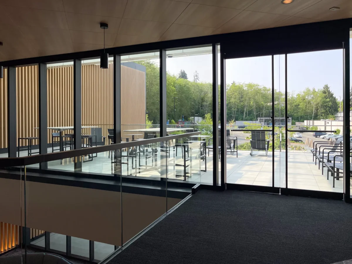 Curtain wall, glass guardrails and storefront at the Premera building.
