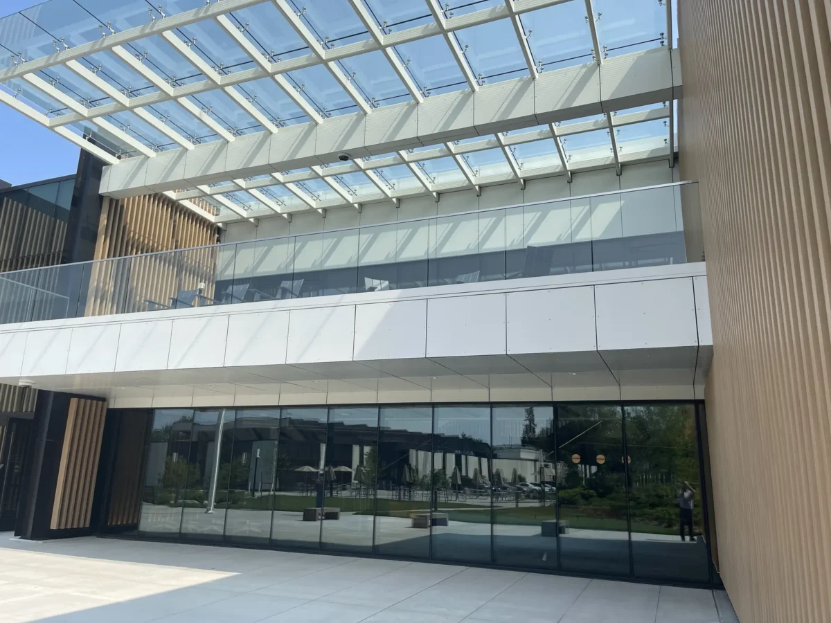Curtain wall, glass guardrails and storefront at the Premera building.