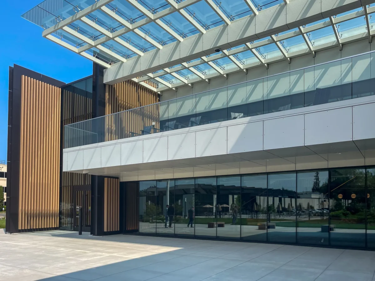 Curtain wall, glass guardrails and storefront at the Premera building.