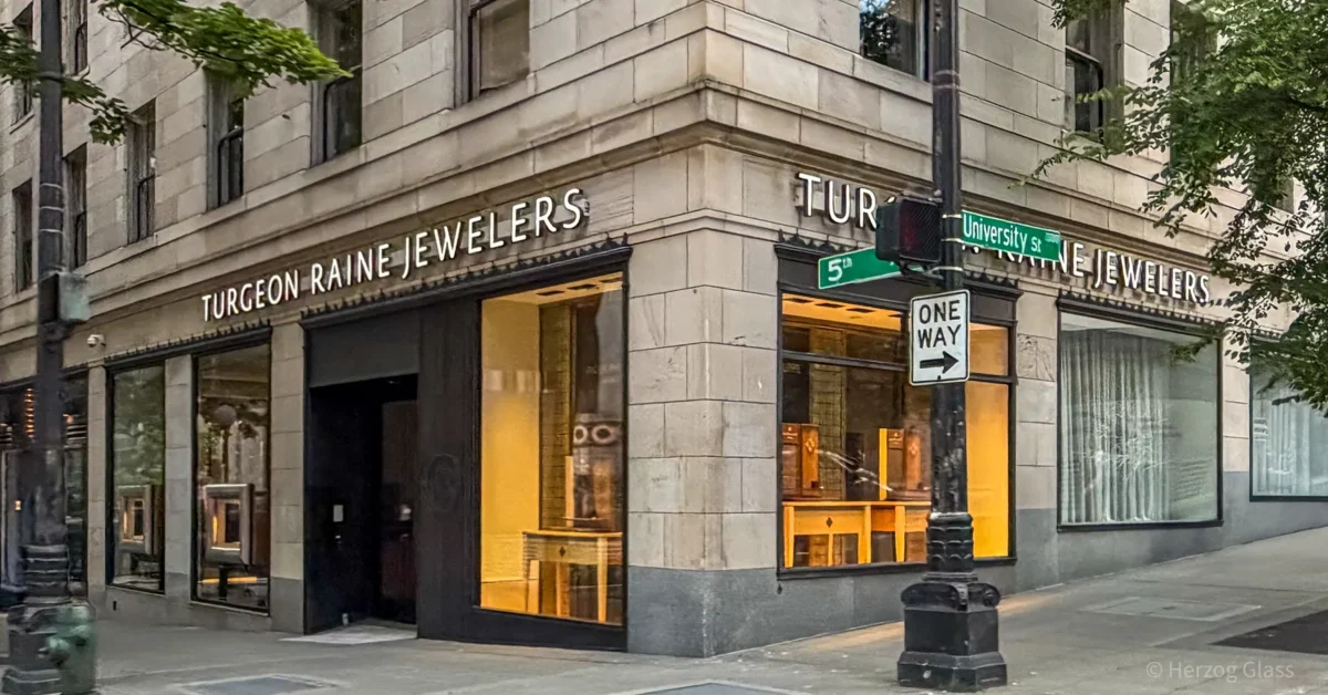 Retail storefront glazing: full-height glass shopfronts and entrances.