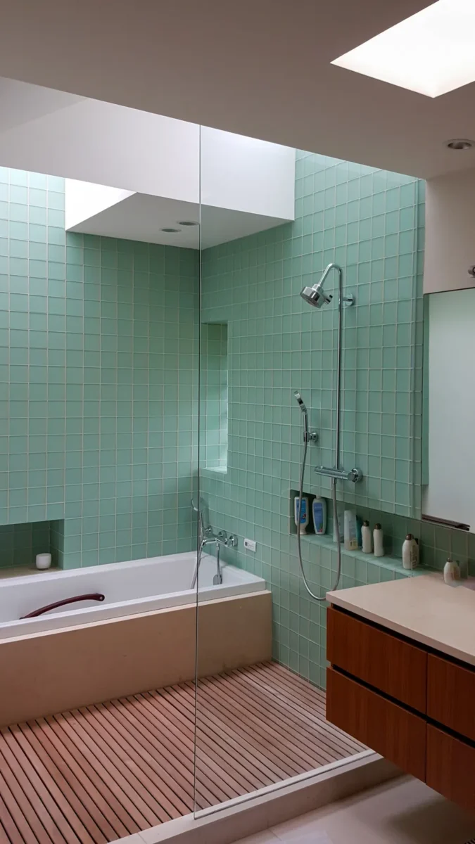 A frameless glass shower enclosure in a tiled bathroom.