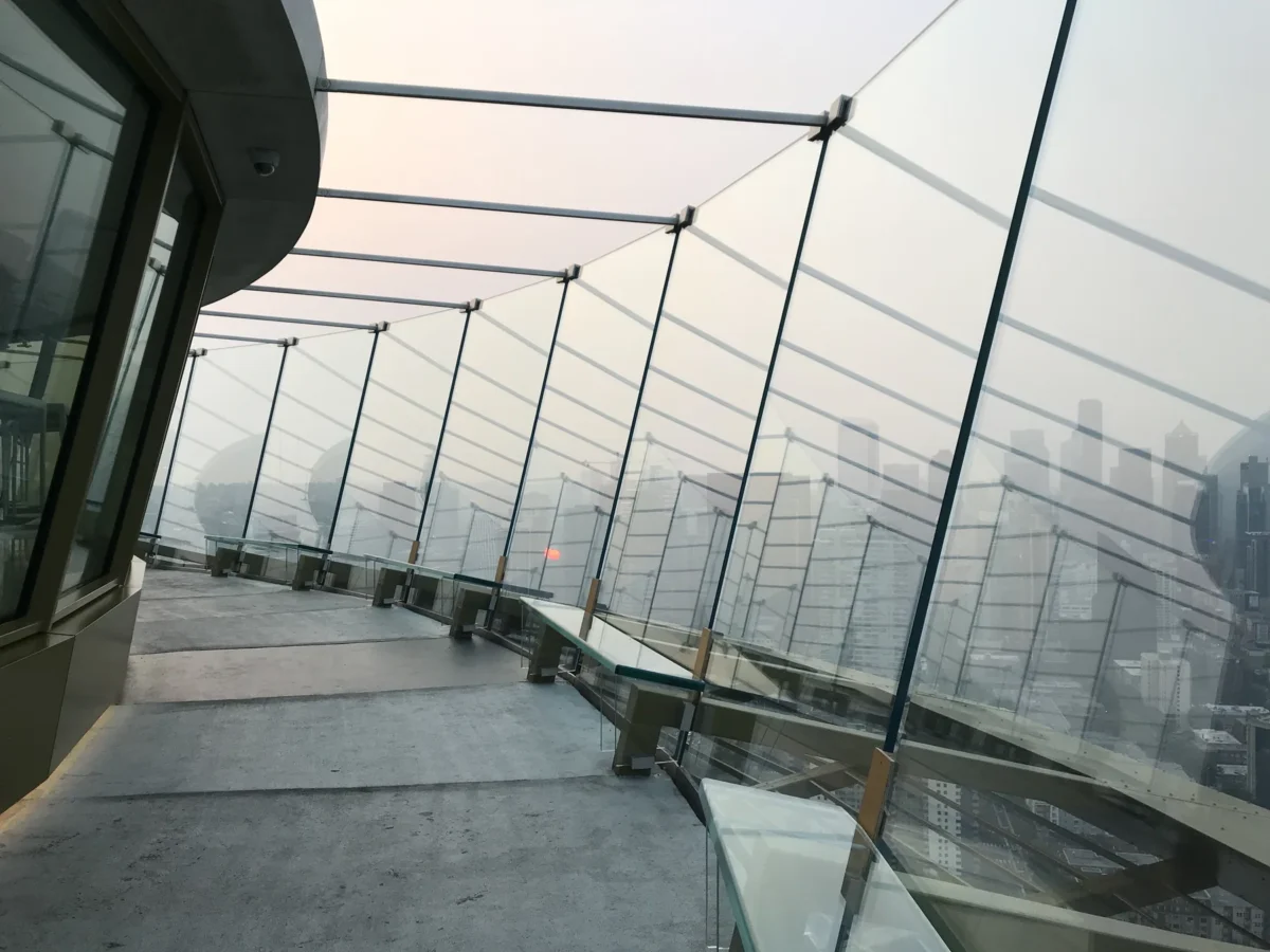 The finished observation deck glass, leaning outward and held by steel cables