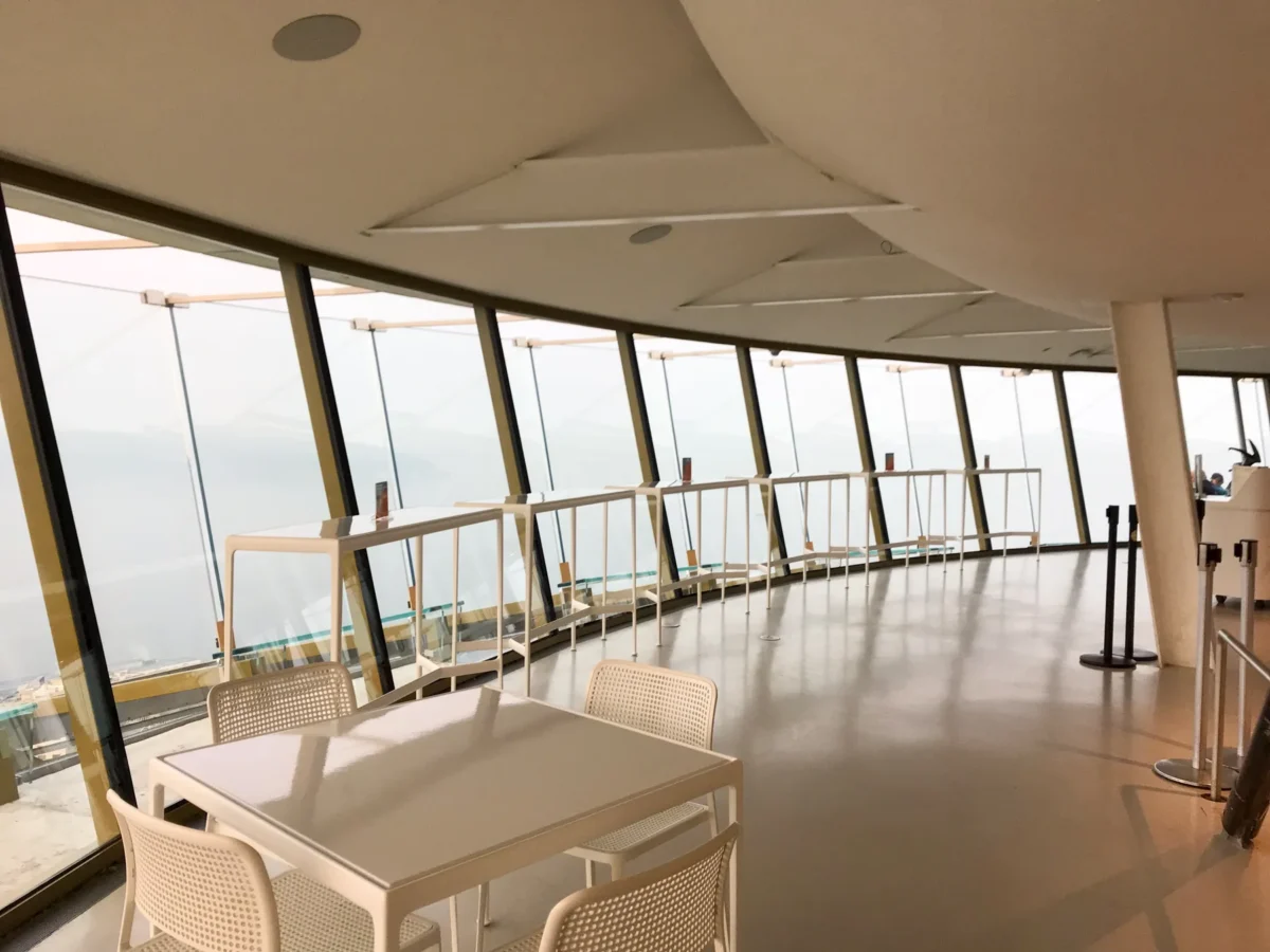 Inside the observation deck with the new glass and the city beyond