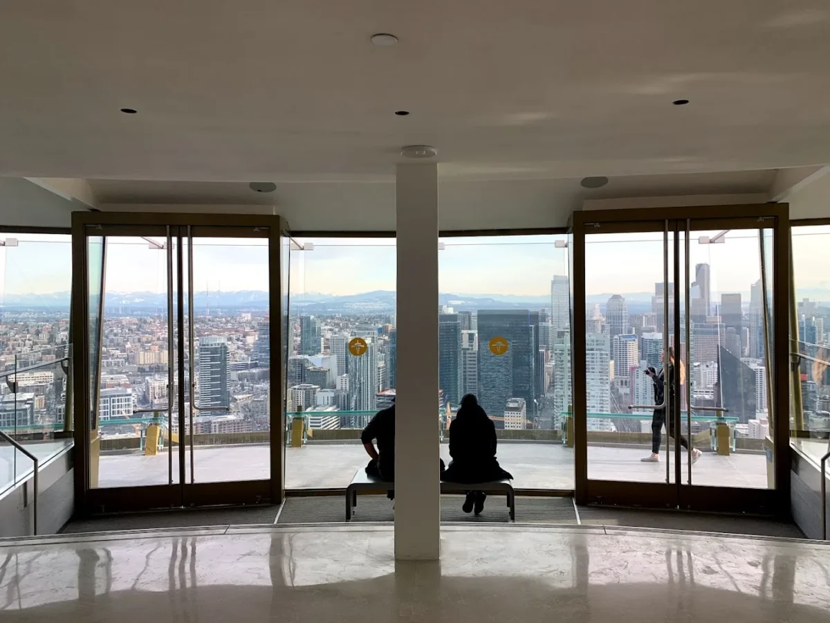 The lower level with its glass floor and views over the city