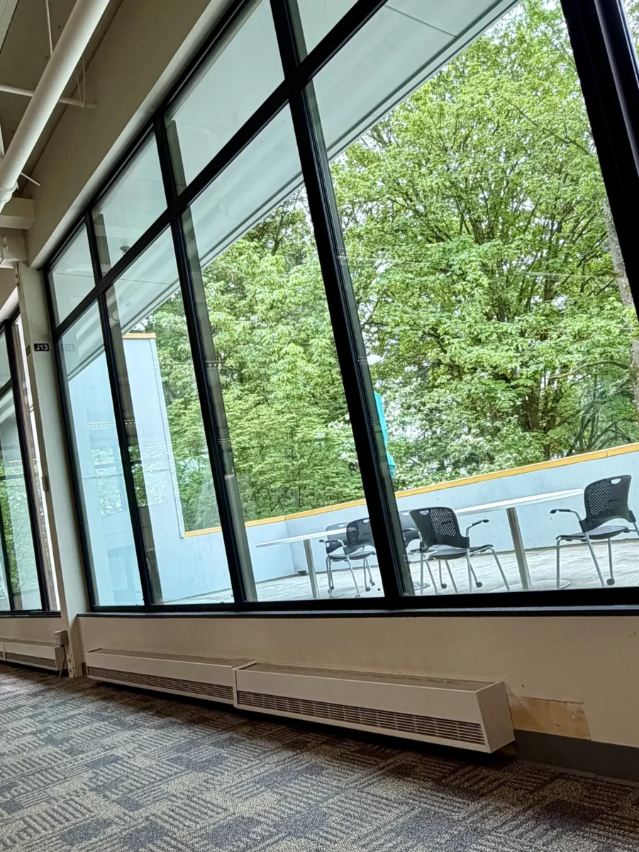 Window and curtain wall work at the Stryker building, with glazed elevations looking onto the trees outside.