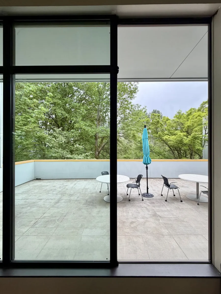 Window and curtain wall work at the Stryker building, with glazed elevations looking onto the trees outside.