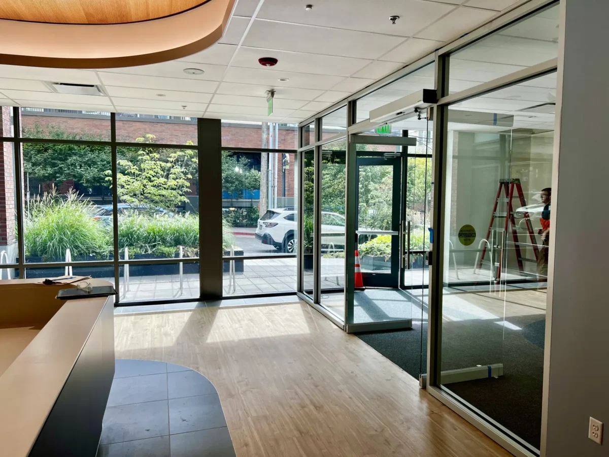 Interior glazing and glass doors at the Swedish Green Lake clinic.