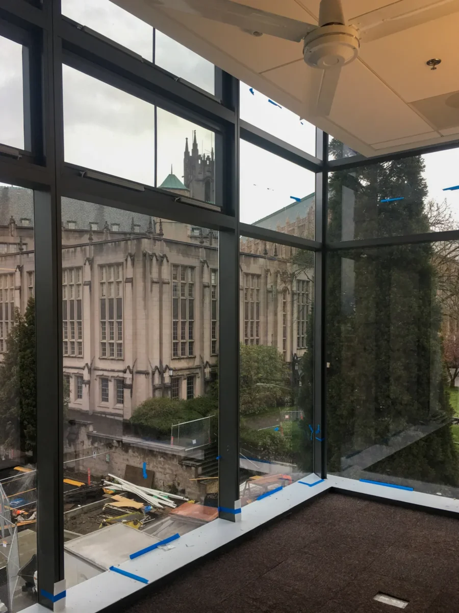 Curtain wall and interior glazing at the University of Washington nanoengineering building.