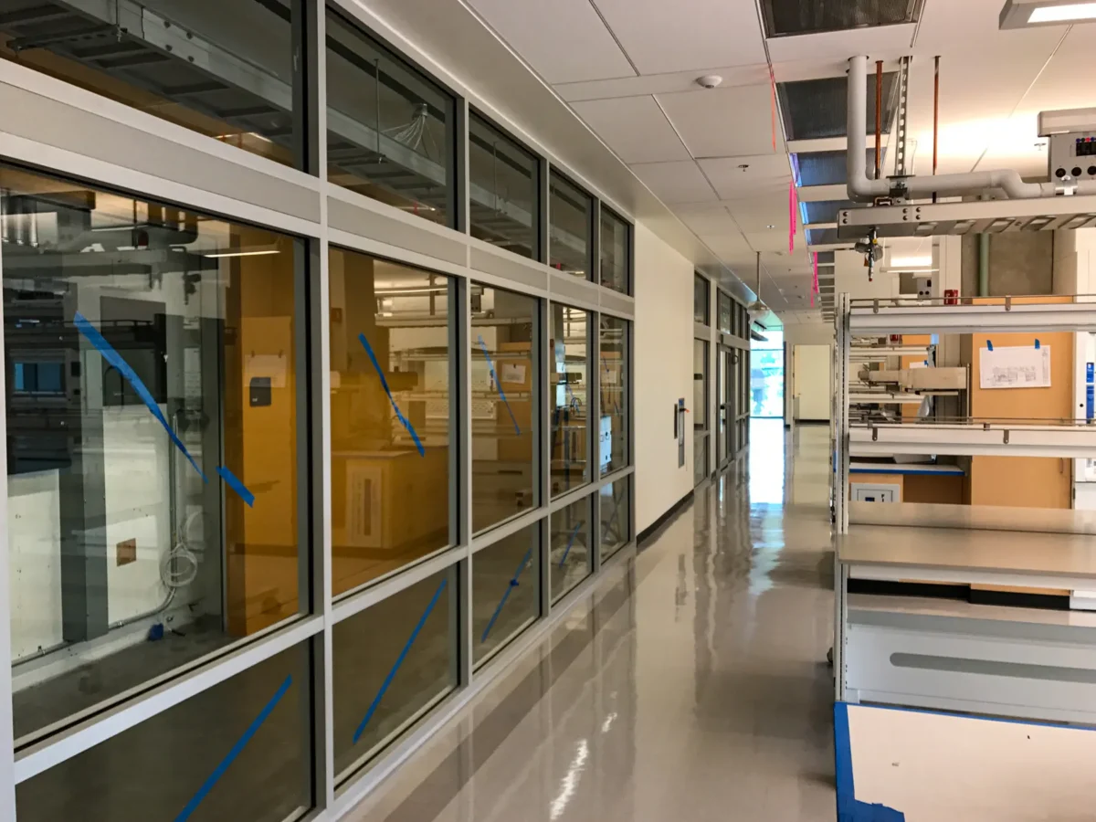 Curtain wall and interior glazing at the University of Washington nanoengineering building.